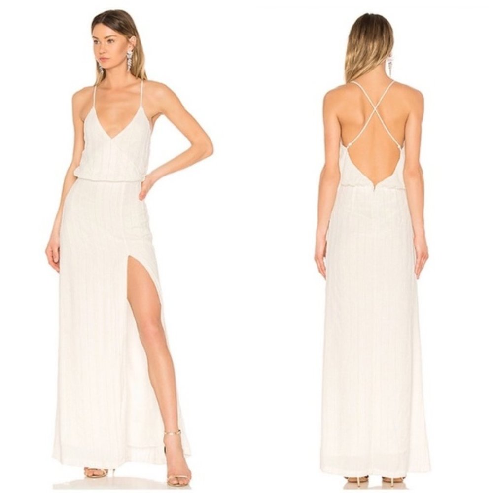 LPA Beaded Crossback Gown in Ivory Maxi Slit Dress